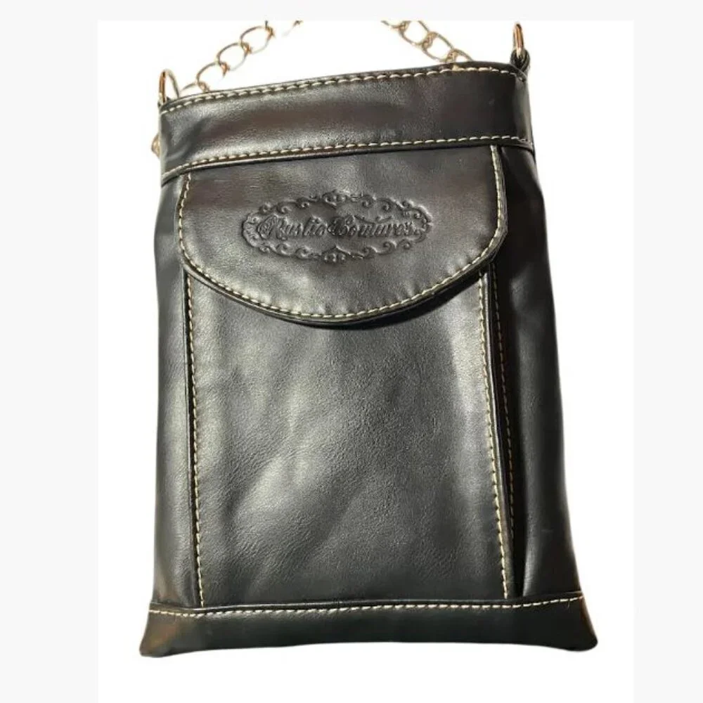 Rustic Coutures Crossbody Faux Leather Black Pouch with Silver Cross OS GUC